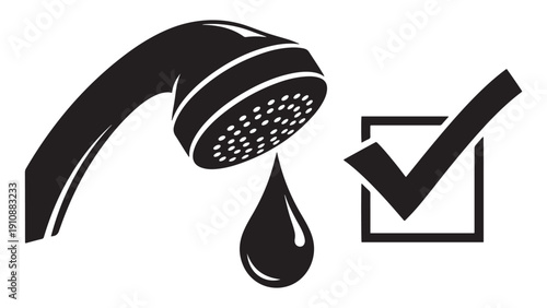 Low-Flow Showerhead Icon With Single Droplet And Conservation Checkmark, Black Solid Vector Symbol For Water Efficiency And Bathroom Fixtures