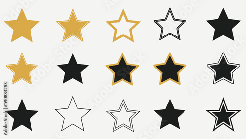 Collection of gold, black, and white star shapes in various styles and colors for rating or decoration