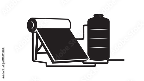 Solar Water Heater Panel With Storage Tank And Connecting Pipe Silhouette, Black Solid Vector For Solar Thermal And Hot Water Systems