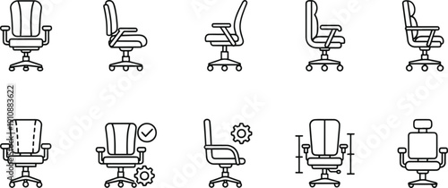 Professional Ergonomic Office Chair and Workplace Seating Furniture Line Icon Set