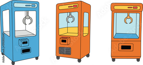 Arcade claw machine vector set with crane grabber game, colorful prize vending machine