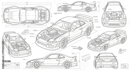 Technical Drawing of Sports Car Designs.