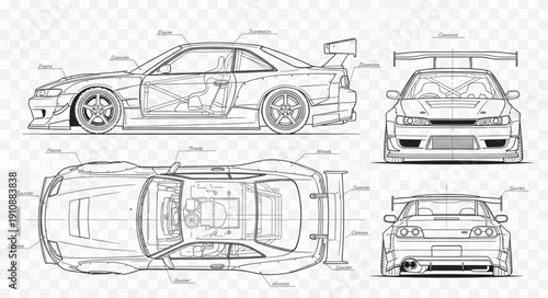 Technical Drawing of Sports Car.