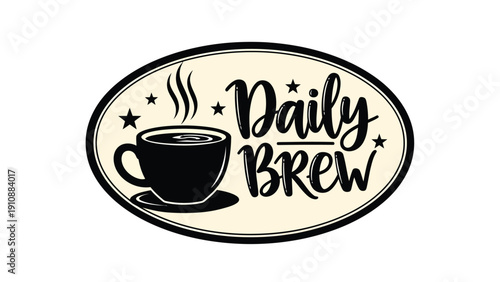 Steaming coffee cup Daily Brew logo in black and beige colors with stars for cafe branding