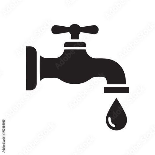 Wall Faucet With Dripping Droplet Silhouette, Black Solid Tap Icon For Water Conservation, Plumbing And Bathroom Fixture Design