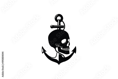 Skull and Ship Anchor Nautical Tattoo Style Vector Icon