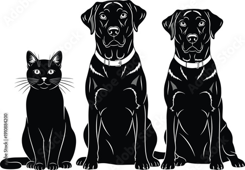 Cat and dog silhouette illustration, pet family lineup vector, black animal design, domestic pets graphic, minimal veterinary logo artwork style
