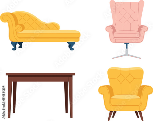 Classic chaise lounge and armchair furniture collection vector illustration, elegant interior seating with wooden table isolated on clean background design