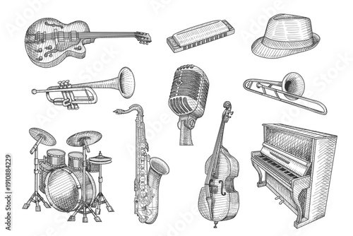 Hand drawn vintage engraving set of jazz music instruments including guitar, trumpet, saxophone, piano, drums, double bass, harmonica and retro microphone.