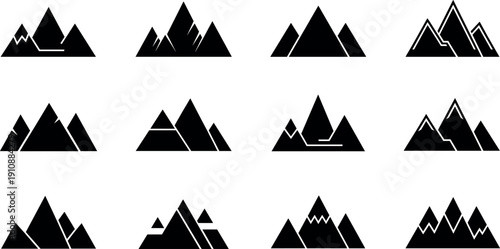 Minimal black mountain logo and silhouette icon set featuring layered peaks ridges and wilderness landscape emblems