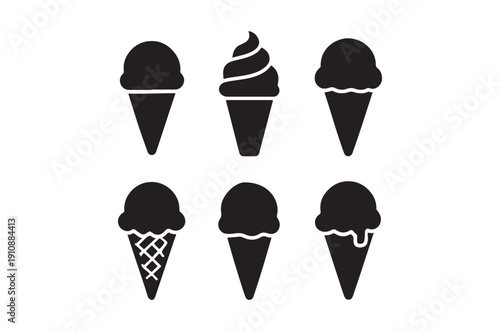 A collection of six black silhouette ice cream cones showcasing various scoop shapes and styles