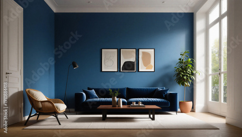 Εκτύπωση καμβά Modern living room with blue walls and large windows and furniture