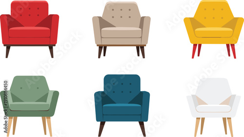 Colorful modern armchair collection vector illustration, stylish lounge seating furniture set, mid century interior chairs isolated on clean background