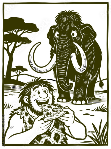Absurd Historical Anachronism: Caveman Eating Pizza with Mammoth in Prehistoric Landscape