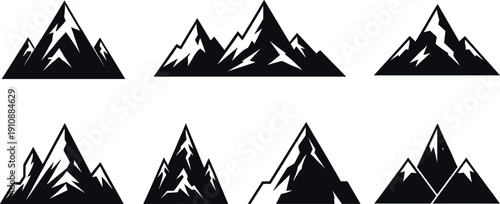 Minimal black mountain silhouette icon set featuring rocky peaks ridgelines wilderness landscapes and outdoor adventure symbols