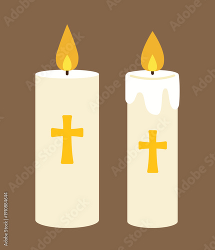 Lit white candle with cross religious icon set.
Easter cross candle icon flat vector illustration.
Christian cross candle flat stock vector.