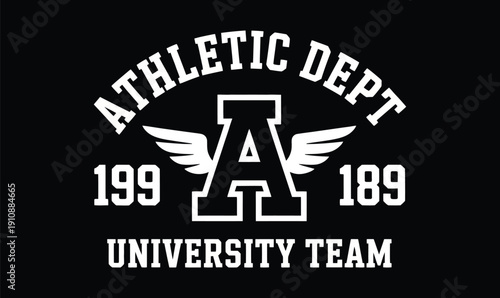 University Athletic Dept Emblem with Winged Letter A and Vintage Typography on Black Background for Sports Apparel