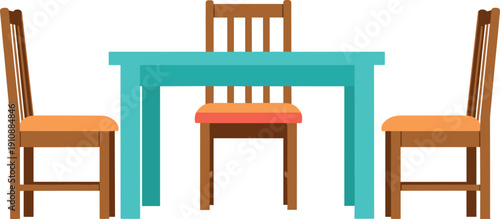 Dining table with chairs illustration, colorful kitchen furniture vector, modern home interior decor design, family dining room setup artwork style