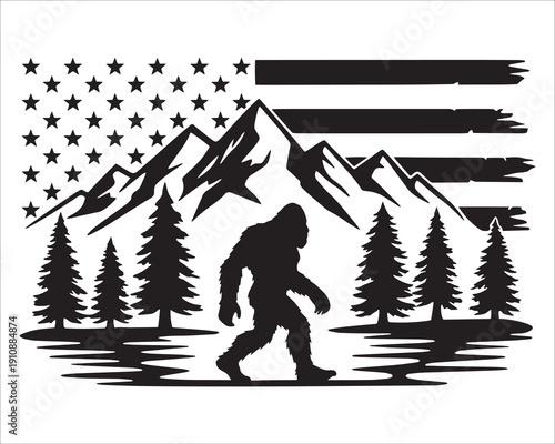 Bigfoot Silhouette With Usa Flag Mountains Graphic