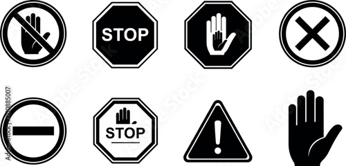 Minimal black prohibition and stop sign icon set featuring no entry warning hand halt danger restriction and safety symbols