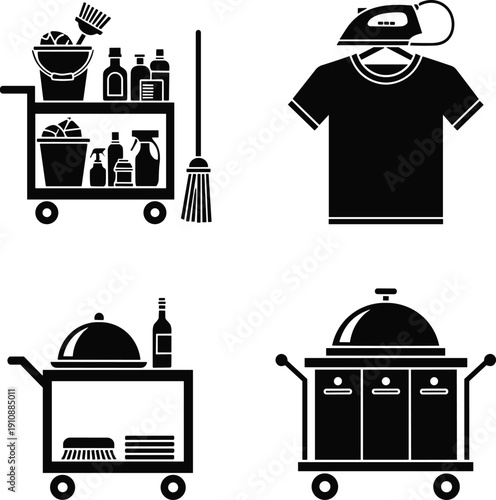 Housekeeping service icons set, cleaning cart laundry ironing hotel trolley vector, hospitality equipment symbols, minimal black service illustration pack design