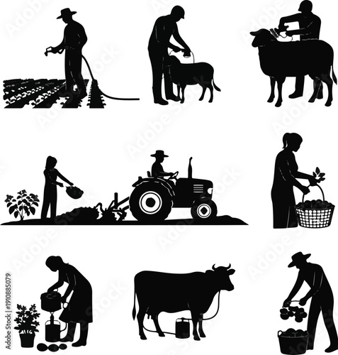 Agriculture and Farming Silhouettes Set with Farmers Gardening, Shearing Sheep, Milking Cows, and Driving Tractors