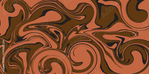 Retro coffee color background. Milk chocolate liquid dessert texture. Wavy swirl candy pattern for poster, cover, banner, pamphlet. Vintage brown trippy hippie wallpaper in 60s or 70s style. Vector