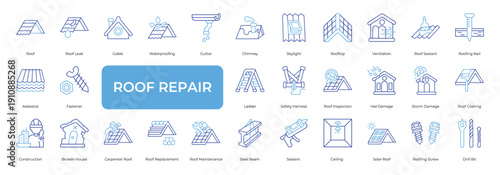 Roof Repair Icon set Collection in Line Two Color Style. repair, maintenance, leak, waterproofing, carpenter, inspection