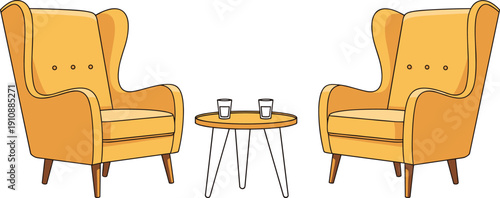 Modern armchair and coffee table illustration, cozy living room furniture vector, yellow lounge chairs interior design, minimal home decor artwork
