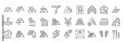 Roof Repair Icon set Collection in Line Style. repair, maintenance, leak, waterproofing, carpenter, inspection