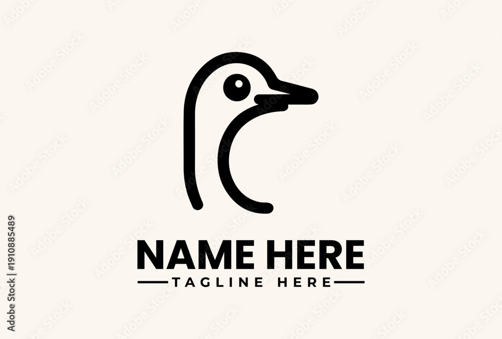 Obraz premium A minimalist vector illustration of a duck's head logo with a placeholder name and tagline on a clean white background.