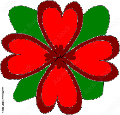 Red flower with green leaves.