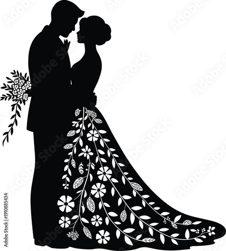 Romantic couple silhouette, wedding bride and groom illustration, floral gown design, love embrace, elegant black and white artwork