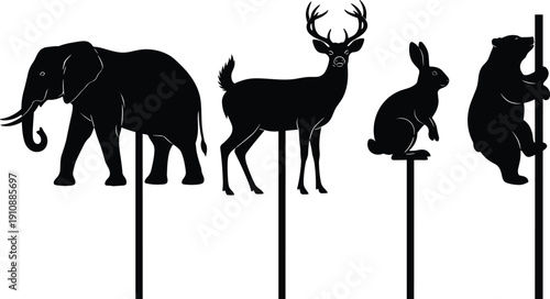 Wild animal silhouette set illustration, elephant deer rabbit bear vector icons, wildlife nature symbols, minimal black forest animal design collection
