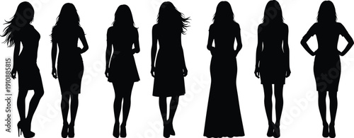 Women silhouette fashion poses vector set, female body shapes collection, elegant girl figures illustration, black stylish model outline design artwork