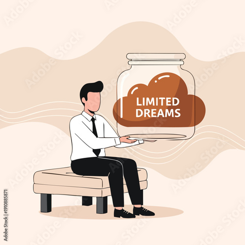 Man holding jar with limited dreams cloud inside. Business concept.