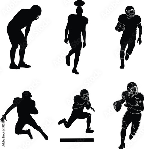 Silhouettes of football players in various action poses on a plain background