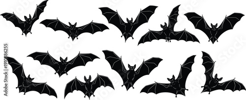 Spooky Black Bat Silhouette Vector Set Featuring Various Flying Poses and Wing Spans for Halloween Decorations, Horror Themes, and Night Wildlife Illustrations