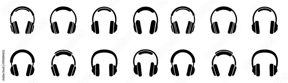 Obraz premium Set of Professional Black Over Ear Wireless Bluetooth Headphone Icons for Audio Equipment Design