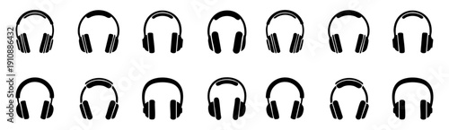 Set of Professional Black Over Ear Wireless Bluetooth Headphone Icons for Audio Equipment Design