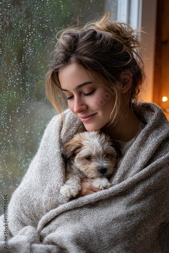 A cozy scene of a woman holding a puppy by a window on a rainy day, radiating warmth and affection wrapped in a soft blanket.