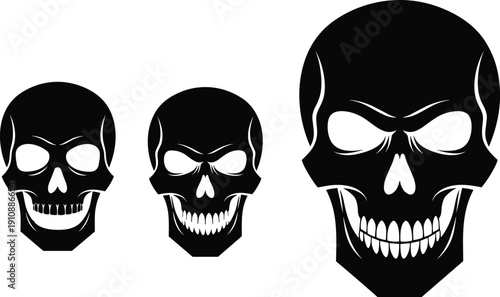 Set of spooky human skull silhouettes with aggressive expressions and detailed teeth for Halloween horror parties, gothic illustrations, and dark metal music graphic designs.
