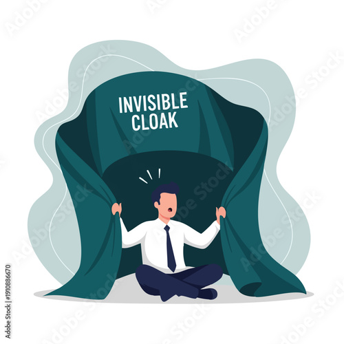 Businessman Hiding Under Invisible Cloak. Concept of Secrecy and Avoidance