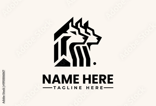 Black and white geometric wolf logo illustration with sharp lines and abstract design on a clean background, featuring placeholder text for a company name and tagline.