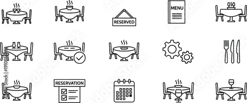 Restaurant Table Reservation and Fine Dining Hospitality Line Icon Set