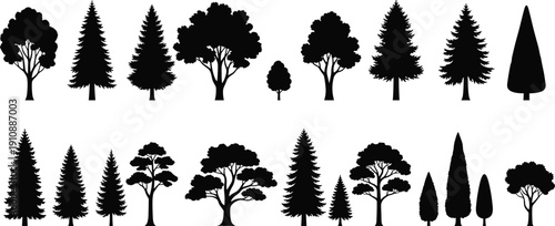 Silhouette, collection, of, construction, workers, machinery, surveyors, businessmen, fencing, athletes, pets, and, nature, elements, like, trees, and, leaves, on, white.