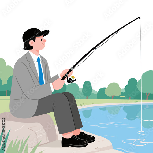 Cartoon sports enthusiast boy who loves fishing