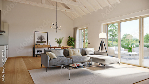 Konstfotografi Modern living room with gray sofa and large windows and natural light