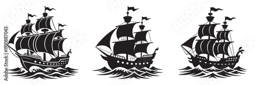 Three vintage sailing ships depicted as black silhouettes on wavy water.