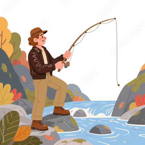 Cartoon sports enthusiast boy who loves fishing